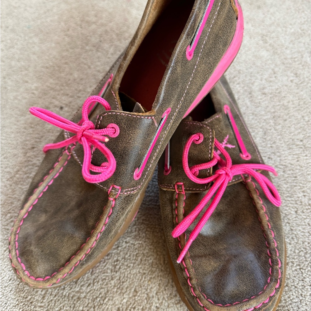 Brown Boat Shoes with Pink Laces